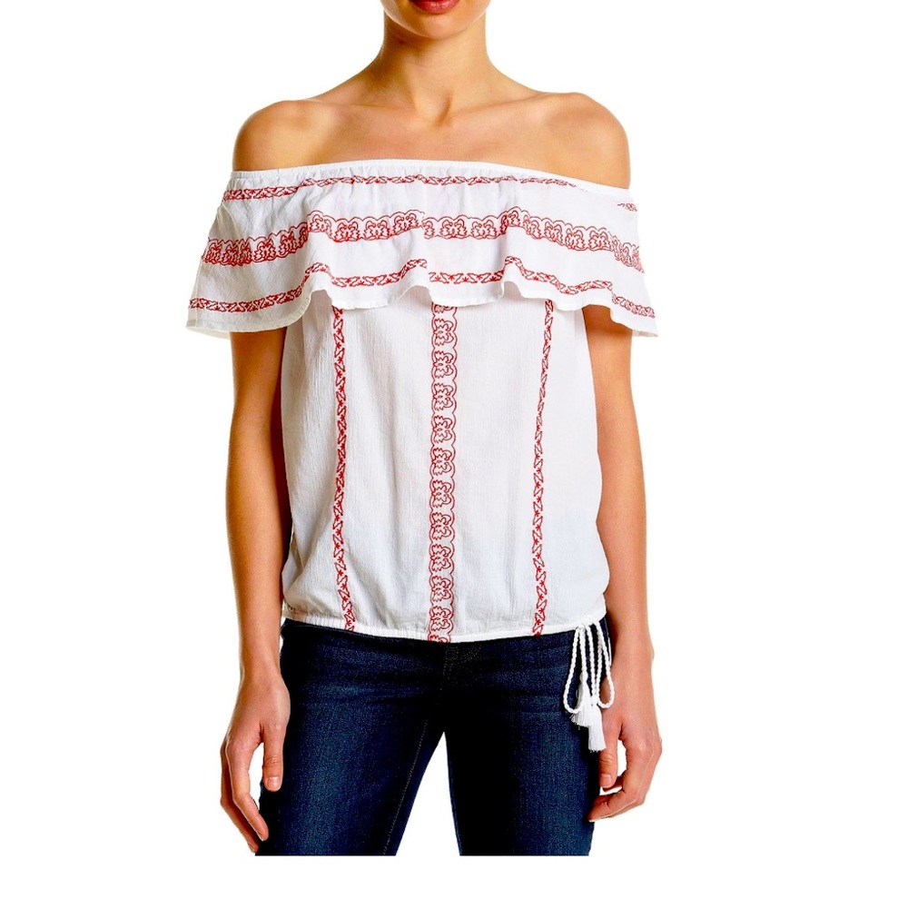 Ruff Hewn Women’s Off Shoulder Peasant Style Embroidered Tasseled Top White L